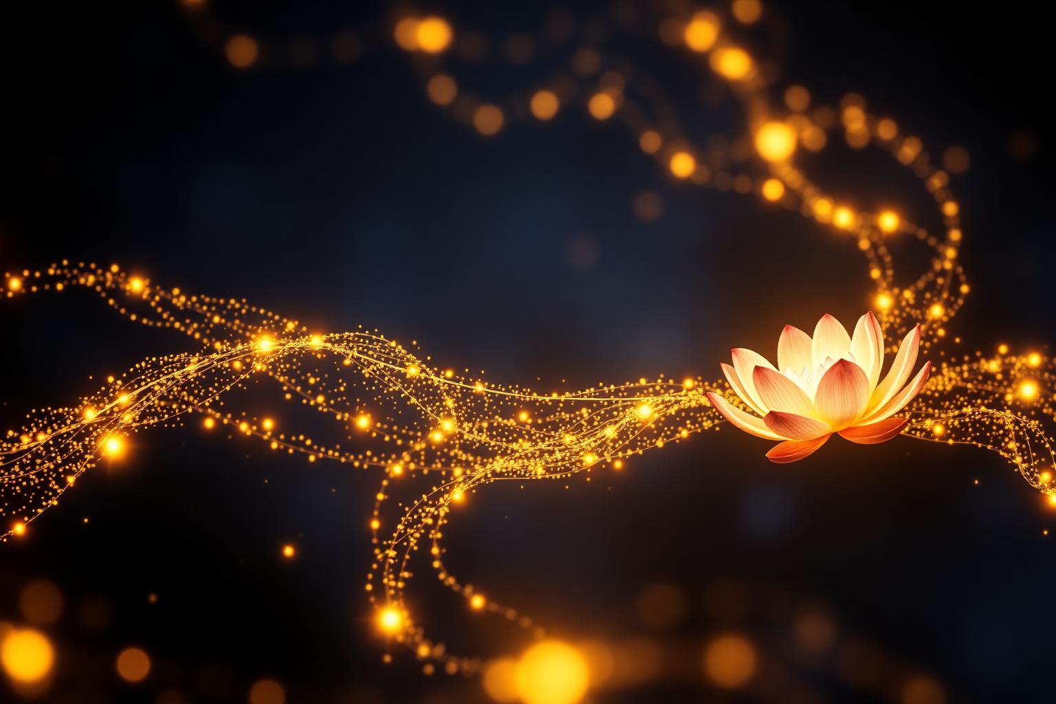 Glowing lotus surrounded by golden neural network particles