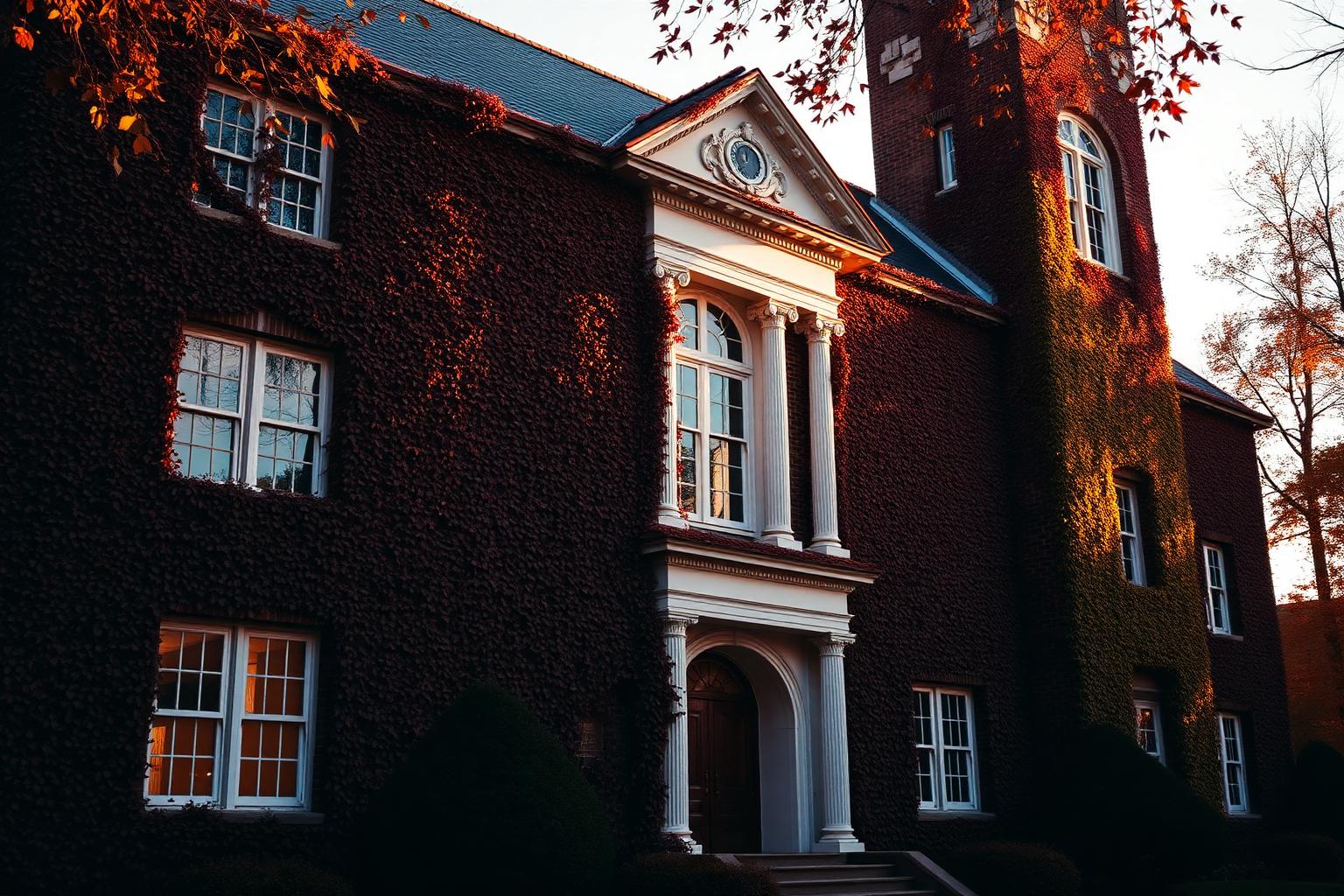 Classical ivy-covered university building at sunset