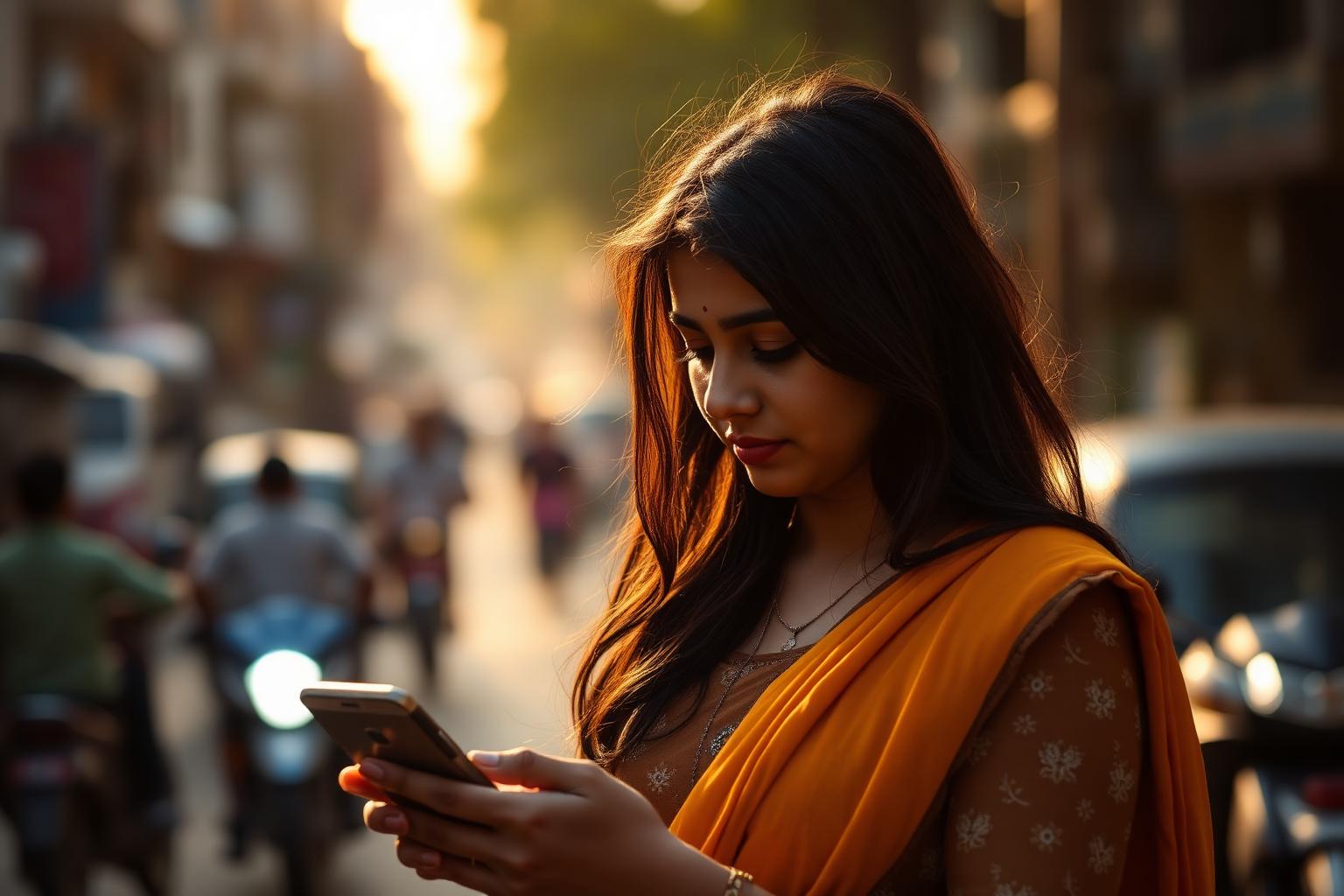 A young woman studying on her phone at golden hour on a South Asian street