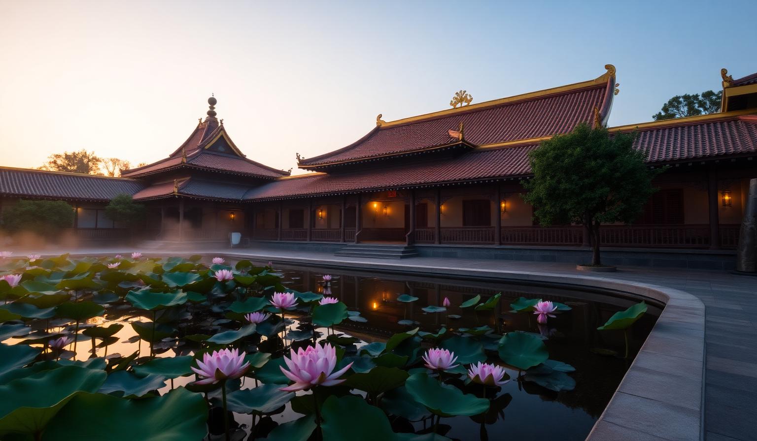 Buddhist temple at sunrise with lotus pond